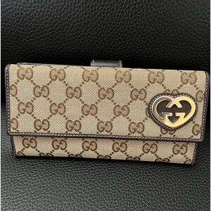 💯 Authentic Gucci Monogram Long Wallet GG logo, heart interlock hardware